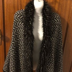 Knit Herringbone Faux Fur-trimmed Shawl